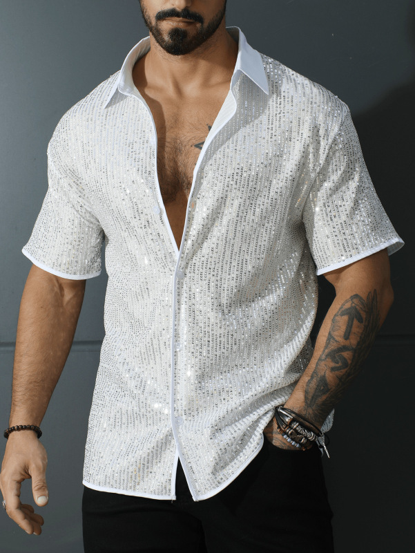 Men's Retro Sequined Short-Sleeved Shirt with Lapel and Button-Down T-Shirt for Parties, Nightclubs, and Bars, a Shiny Men's Top Men's Retro Sequined Short-Sleeved Shirt with Lapel and Button-Down T-Shirt for Parties, Nightclubs, and Bars, a Shiny Men's Top