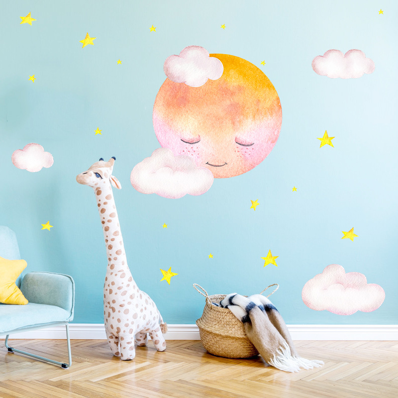 New Artistic Watercolor Moon Cloud Wall Sticker display picture 5