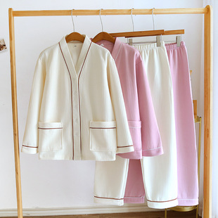 New autumn and winter air cotton sandwich V-neck pajamas women's plus size cotton long sleeve thickened warm V-neck homewear