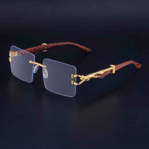 Retro frameless sunglasses for men, personalized leopard wood grain temples, square frame sunglasses for women, cross-border wholesale shades