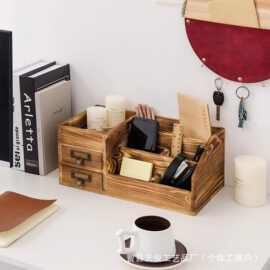 木质炭烧桌面储物盒抽屉式化妆品收纳盒多隔层带抽屉整理置物盒