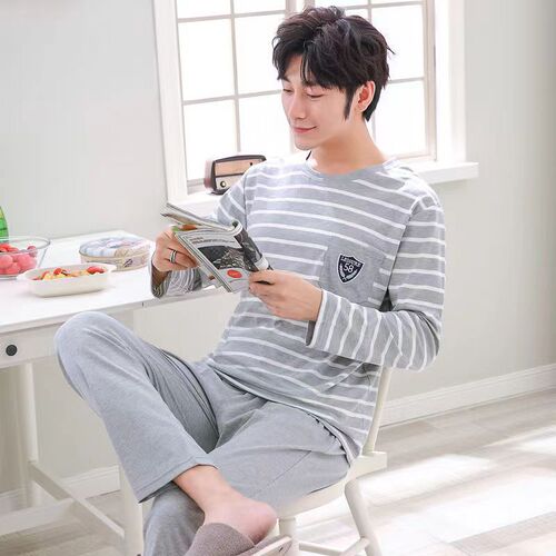 Men's long-sleeved, long-pants spring and autumn simple casual winter home suit set, wearable outside