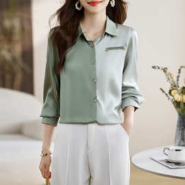 外贸女装实拍洋气秋季新款女装翻领缎面拼接仿真丝雪纺衫上衣开衫