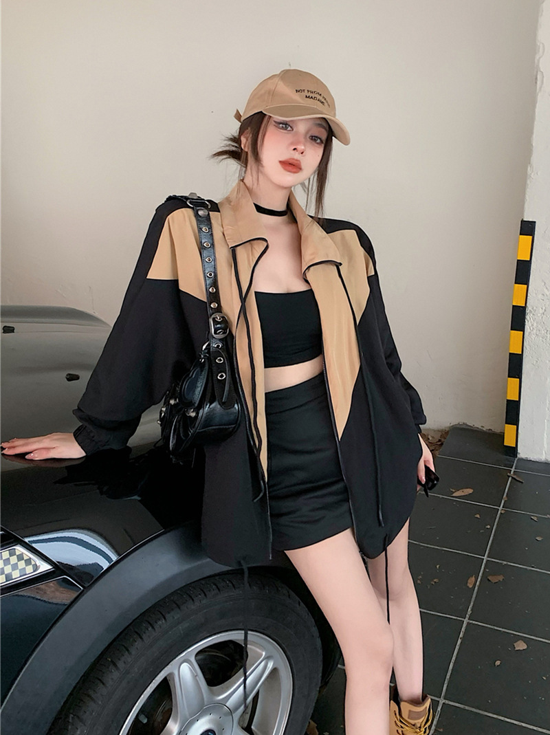 2022早秋新款甜酷辣妹拼色寬松運動風棒球沖鋒衣夾克外套女