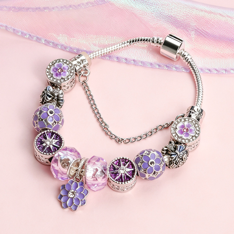 Purple Cherry Blossom Glass Bead Bracelet, Vintage Silver Jewelry with Large Hole Beads, Finished Bracelet, Versatile Gift for Girls, Wholesale Purple Cherry Blossom Glass Bead Bracelet, Vintage Silver Jewelry with Large Hole Beads, Finished Bracelet, Versatile Gift for Girls, Wholesale