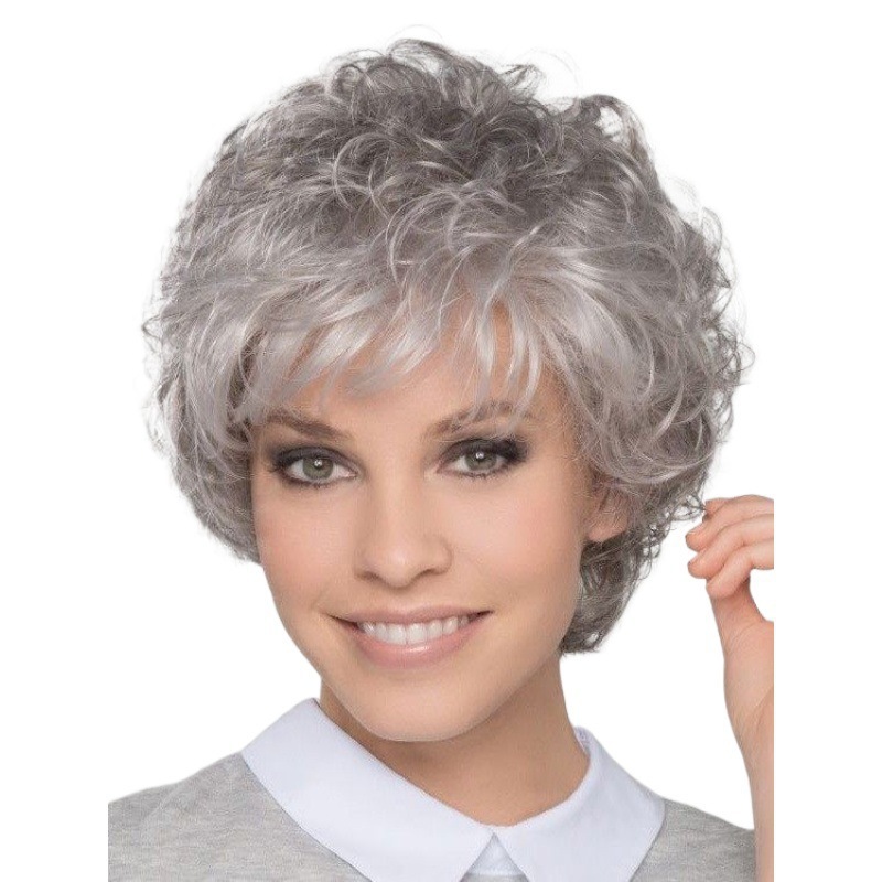 Factory direct wig short curly hair head fluffy oblique bangs ladies wig gray white high temperature silk a hair Factory direct wig short curly hair head fluffy oblique bangs ladies wig gray white high temperature silk a hair