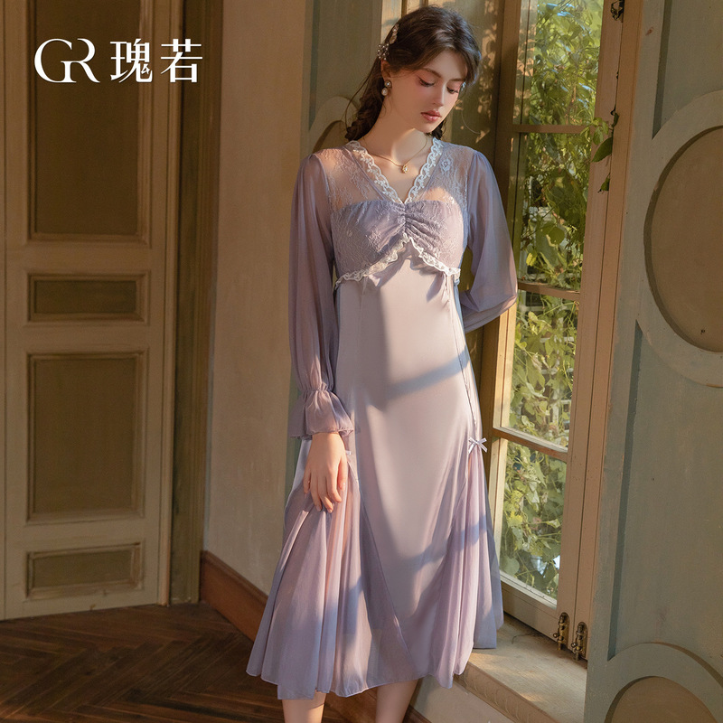 Elegant long pajamas with mesh and satin panels, with chest pads, long sleeves, can be worn outside, sexy nightdress, home wear W2805