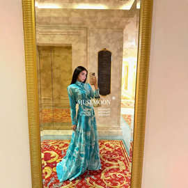 跨境欧美2026年夏新款套装不规则拼色印花休闲长袖衬衣+高腰半裙