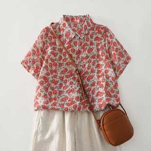 Early Summer New Artistic Cotton and Linen Shirts 2025 New Casual Shirts Loose and Versatile Printed Short-Sleeved Tops for Women Summer