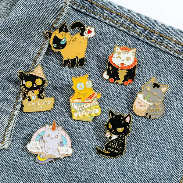 Cute Cartoon Funny Personality Kitten Brooch Cat Drinking Milk Tea Cat Metal Badge Clothes Bag Accessories