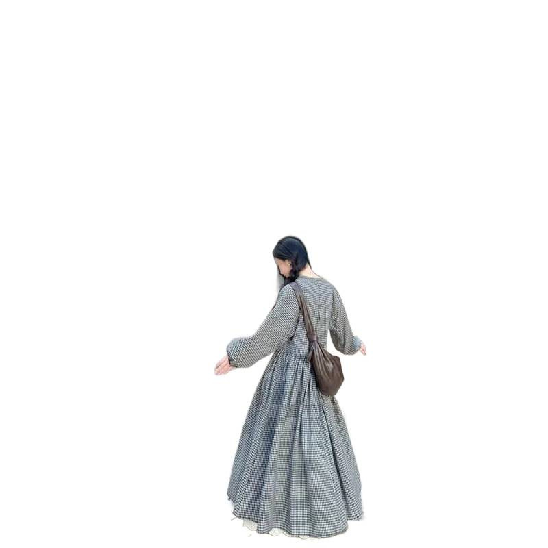 亚麻格子裙女禅意早秋新款复古长袖设计感连衣裙禅修|undefined