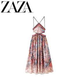 ZAZA 自制欧美风 批发女装时尚百搭气质休闲吊坠饰系带挂脖连衣裙