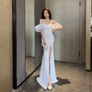 Sexy One-word Neck Low-cut Long Dress with Sling Backless Slim-fit Break Hip Mop Dress Evening Dress