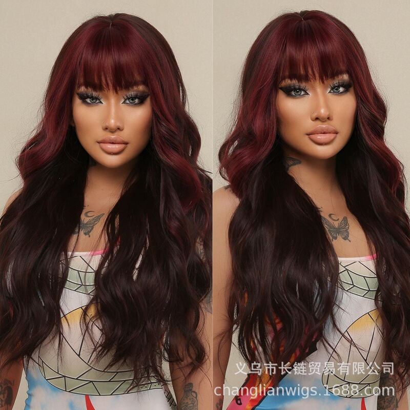 European and American Style Wigs with Bangs, Long Curly Hair, Natural Daily Full Wigs, Heat-Resistant High-Temperature Fiber, Brightening Synthetic Fiber Wigs, Versatile European and American Style Wigs with Bangs, Long Curly Hair, Natural Daily Full Wigs, Heat-Resistant High-Temperature Fiber, Brightening Synthetic Fiber Wigs, Versatile