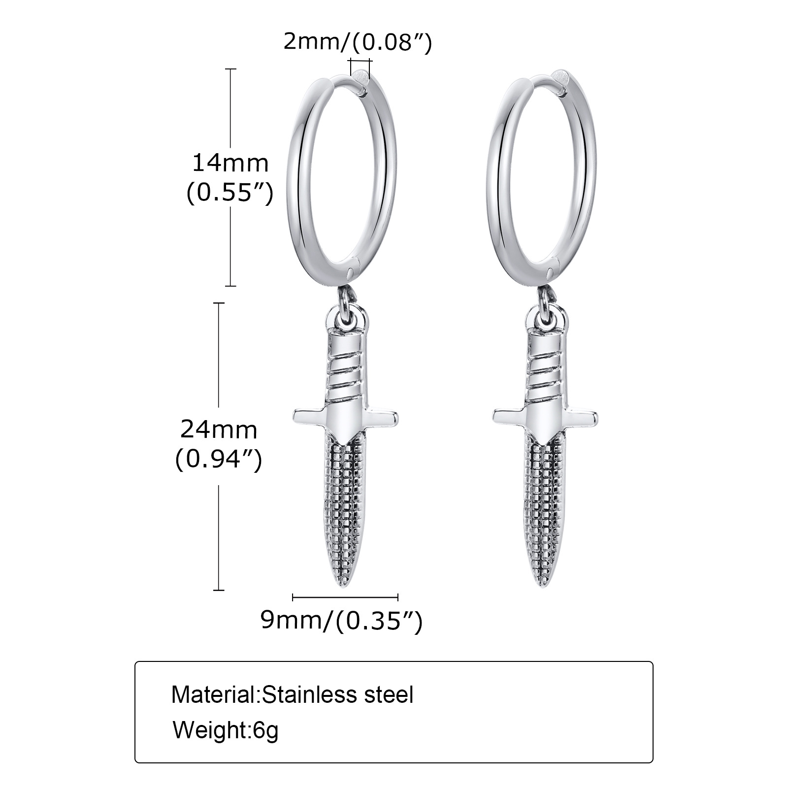 10g Weight Hip-hop Dagger Stainless Steel Earrings 1 Piece