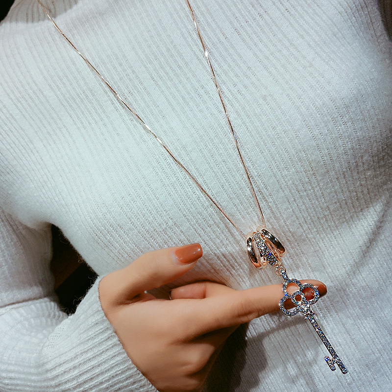 Korean Style Fashionable Long Ring Diamond Inlaid Key Sweater Chain Necklace Popular Cross-Border Al