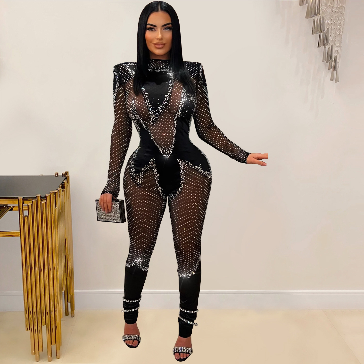 C6886 Aliexpress transfronterizo Amazon Europa y América de moda de mujer de color sólido malla de diamante pantalones de manga larga monje