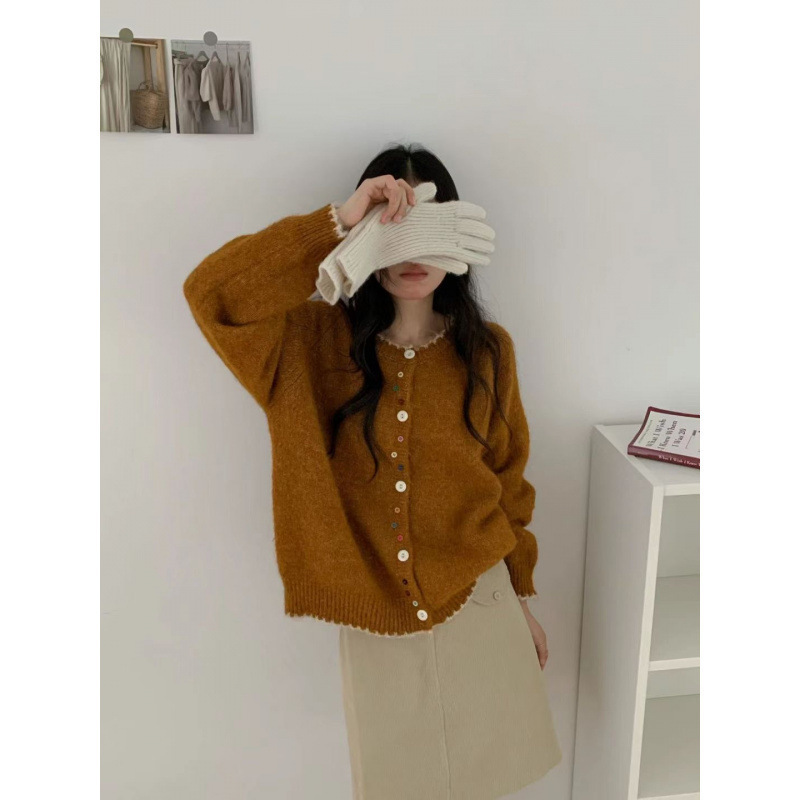 KANING韩版彩扣撞色软糯针织开衫2025秋冬新款宽松显瘦圆领毛衣女|undefined