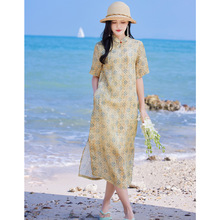 苎麻印花连衣裙女夏款2022年新款旅行文艺女装 中袖显瘦长裙子