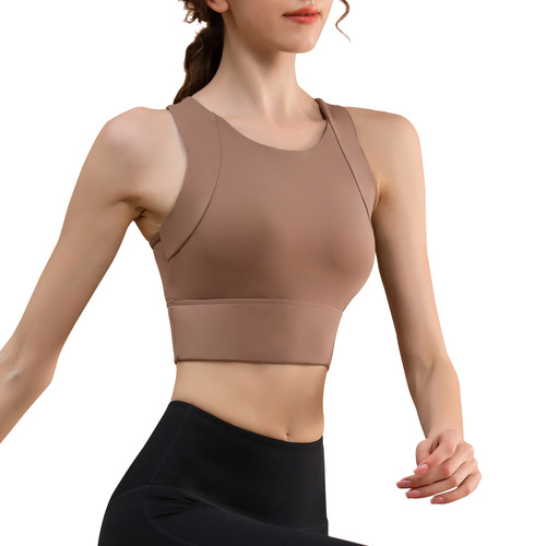 Women's one-piece fixed-cup yoga top, summer outerwear high collar T-shirt style professional quick-dry exercise fitness bra