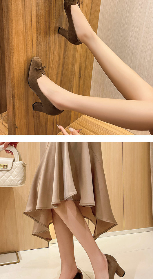 Giày cao gót nữ mũi vuông gót dày 6–8 cm thiết kế thanh lịch có nơ — màu kaki, màu nâu, rượu vang đỏ chi tiết 13