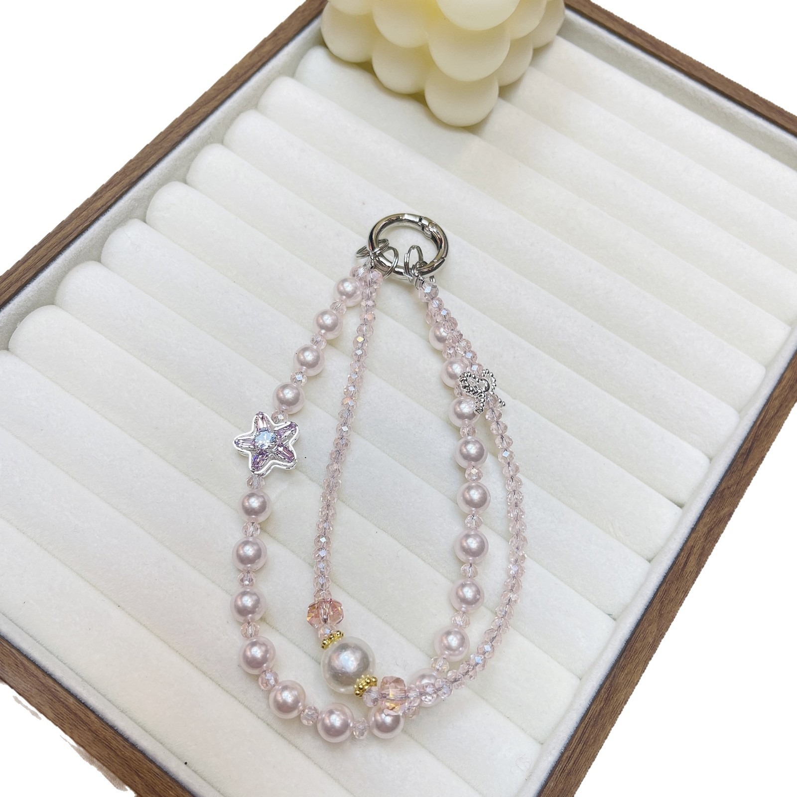 Cordón de teléfono móvil de doble cadena de cristal de moda cordón de muñeca con cuentas de alta gama colgante de estrella llavero de perlas cabello de una pieza