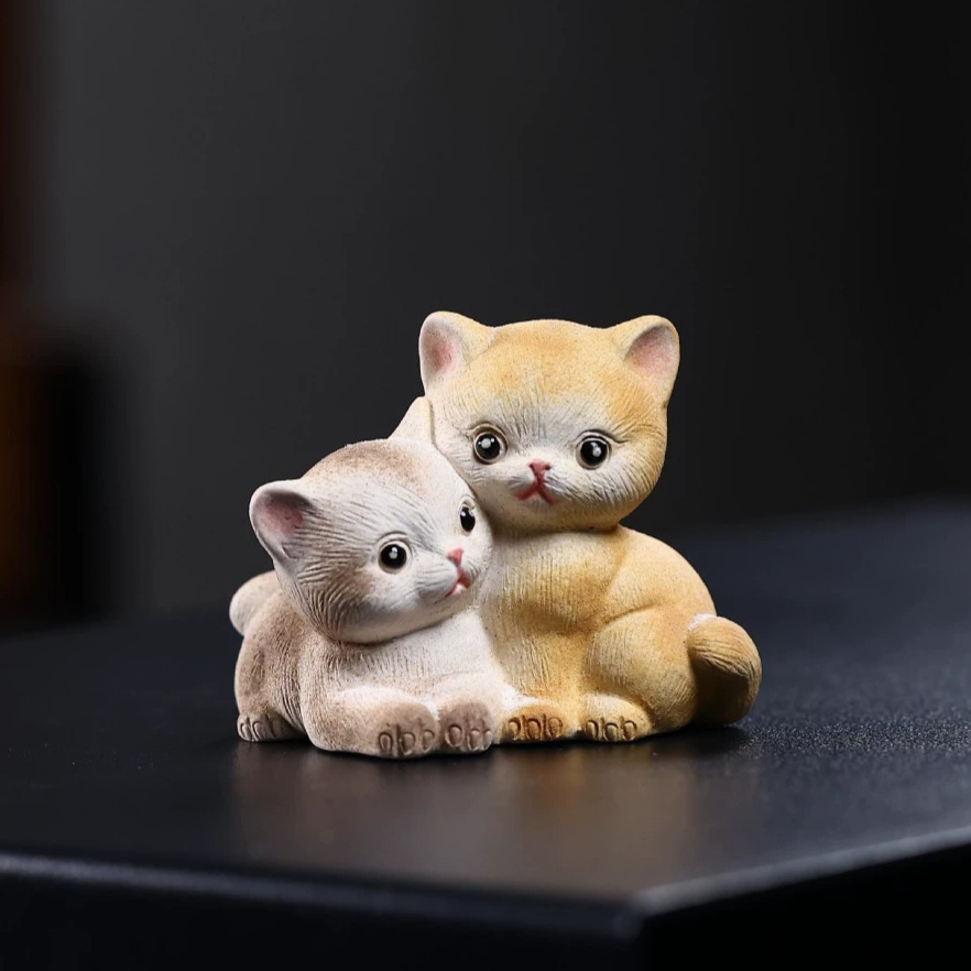 宜兴紫砂两相好茶宠猫咪手工茶玩呆萌可爱可养段泥手工茶桌摆件
