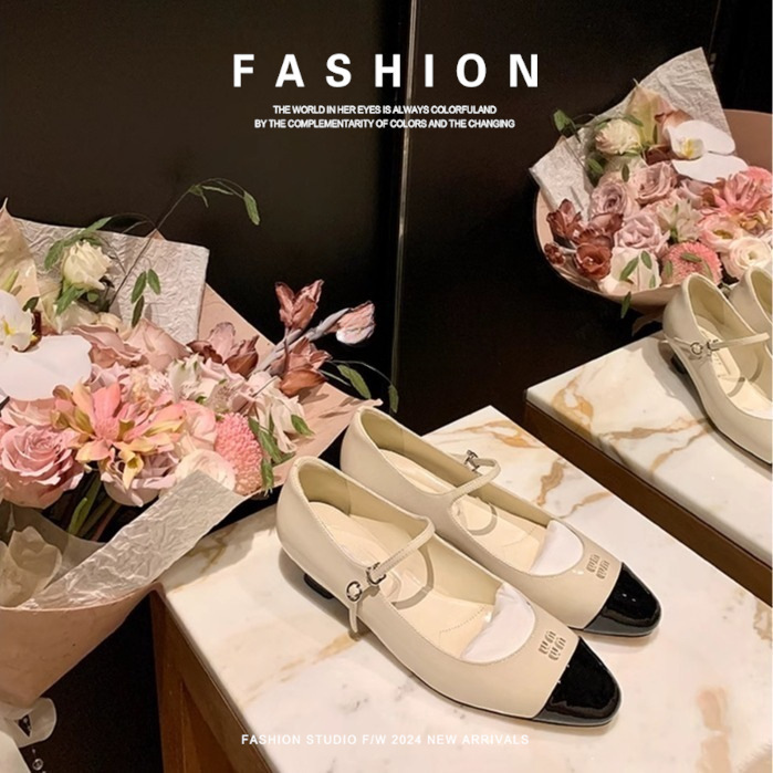 Genuine Leather High-Heeled Buckle Mary Jane Shoes for Women, Windsor Soft-Soled Estate Commuting Shoes, Color-Blocked Same Style