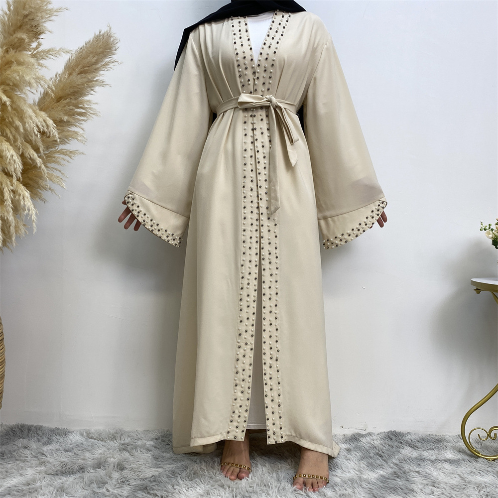 Arab Turkish Middle Eastern Fashion Elegant Solid Color Beaded Muslim Tie-Up Cardigan Robe 1838_ecoleips.com