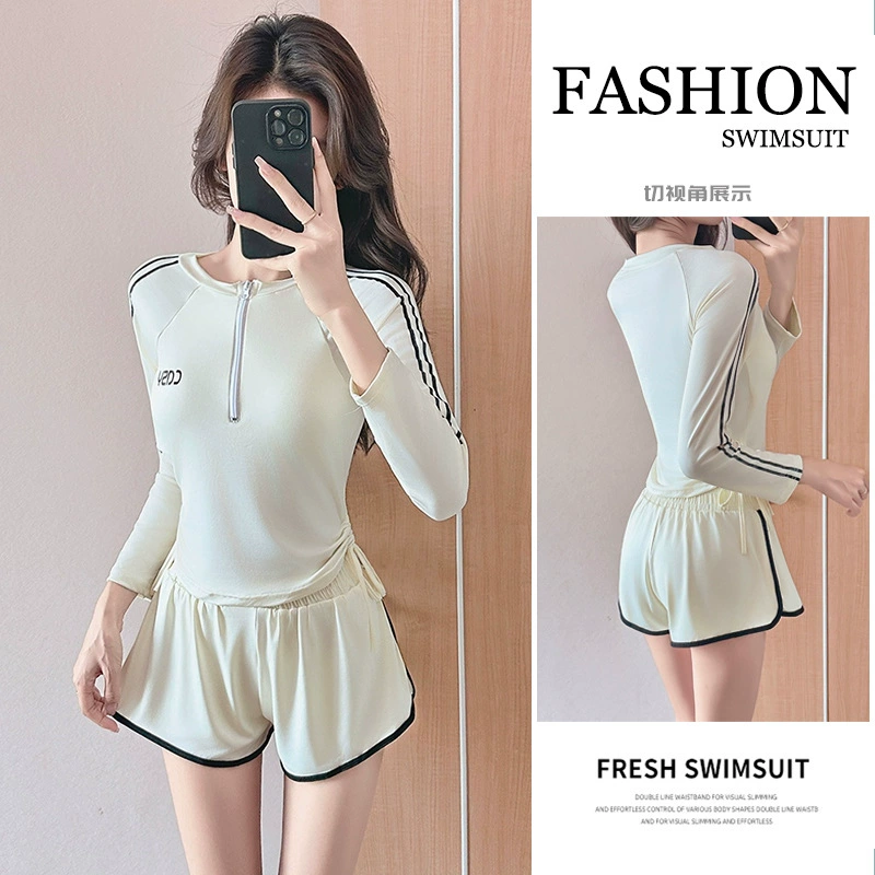Женский купальник из двух частей с подушечками для груди. Новинка 2025 года, консервативный, утягивающий, закрывающий живот, блузка с длинными рукавами, защита от солнца, спортивные боксеры, горячий источник