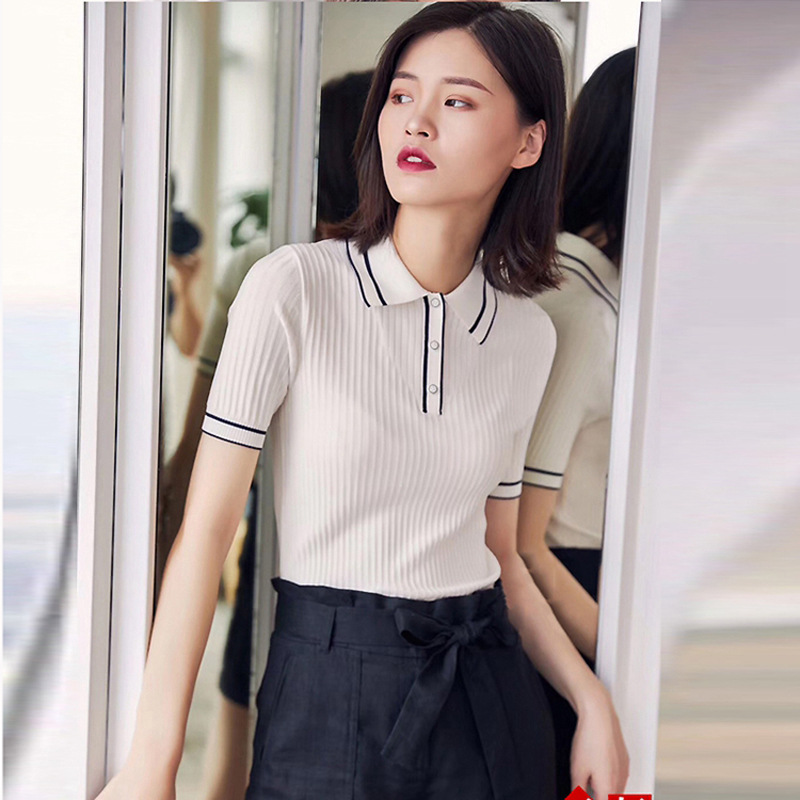 Áo thun nữ cổ polo tay ngắn phối màu chất liệu lụa đá ôm dáng — Màu đen