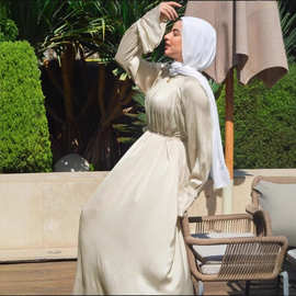 跨境外贸速卖通欧美春季亚马逊女装长裙新款喇叭袖长裙修身连衣裙