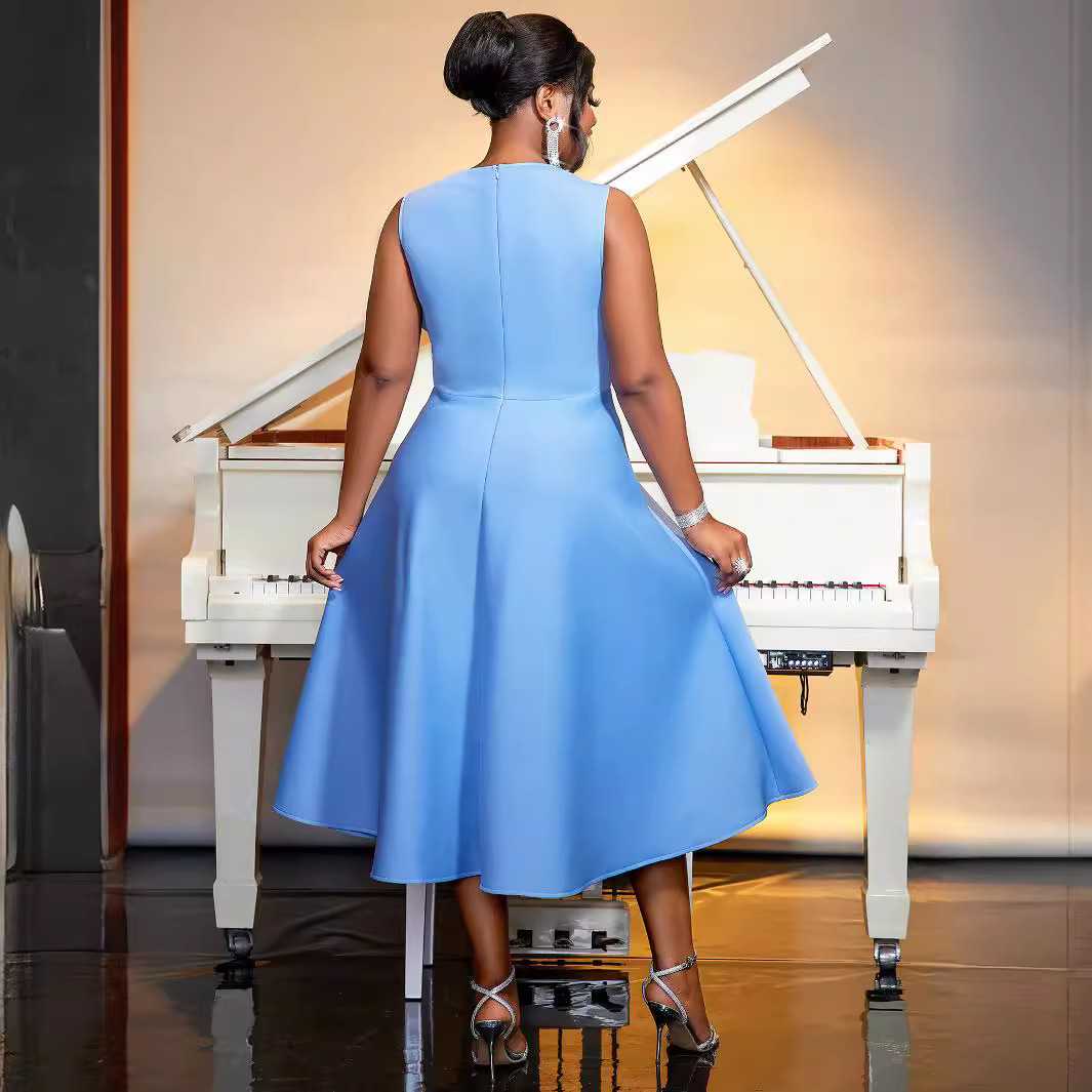 Vêtements pour femmes jupe ample en maille épissée jupe trapèze grande taille robe de soirée sans manches_voghion.com