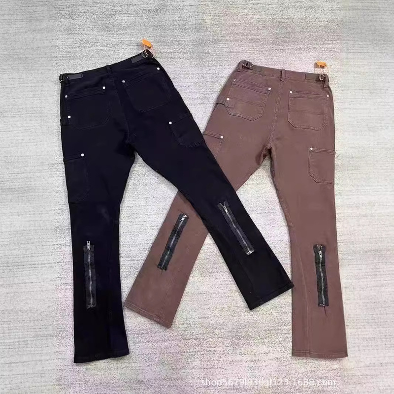 Independent VUJADE Logging Pants Flared Jeans Washed Rear Zipper Casual Cargo Pants Black and Brown kenijima