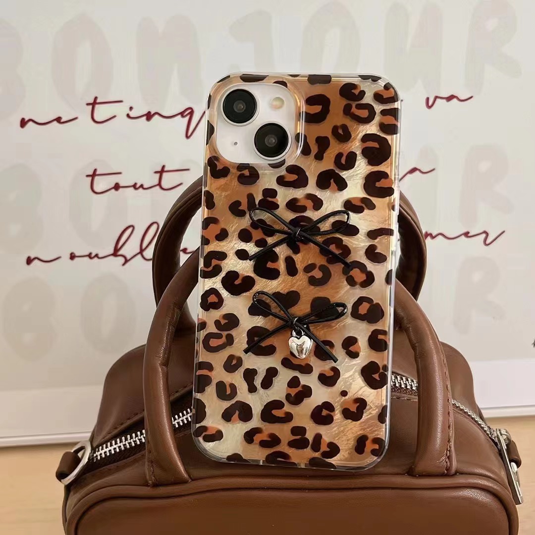 Chicas calientes con lazo de leopardo para iPhone14 Apple 16ProMax funda para teléfono móvil 15P nuevo 13 doble capa