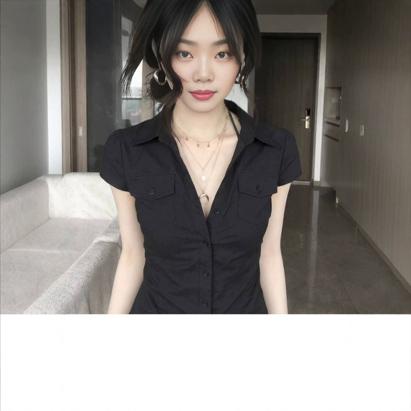 【In Stock for Quick Delivery】 Black Korean-Style Slim-Fit Short-Sleeve Shirt with Pockets and Waist-Cinching Design for Women 【In Stock for Quick Delivery】 Black Korean-Style Slim-Fit Short-Sleeve Shirt with Pockets and Waist-Cinching Design for Women