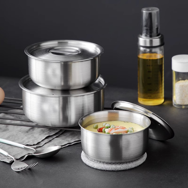 304 Stainless Steel Steamed Egg Custard Special Bowl for Steamed Cake Stew Cup with Lid Baby Steamed Rice Anti-fall Fresh-keeping Bowl