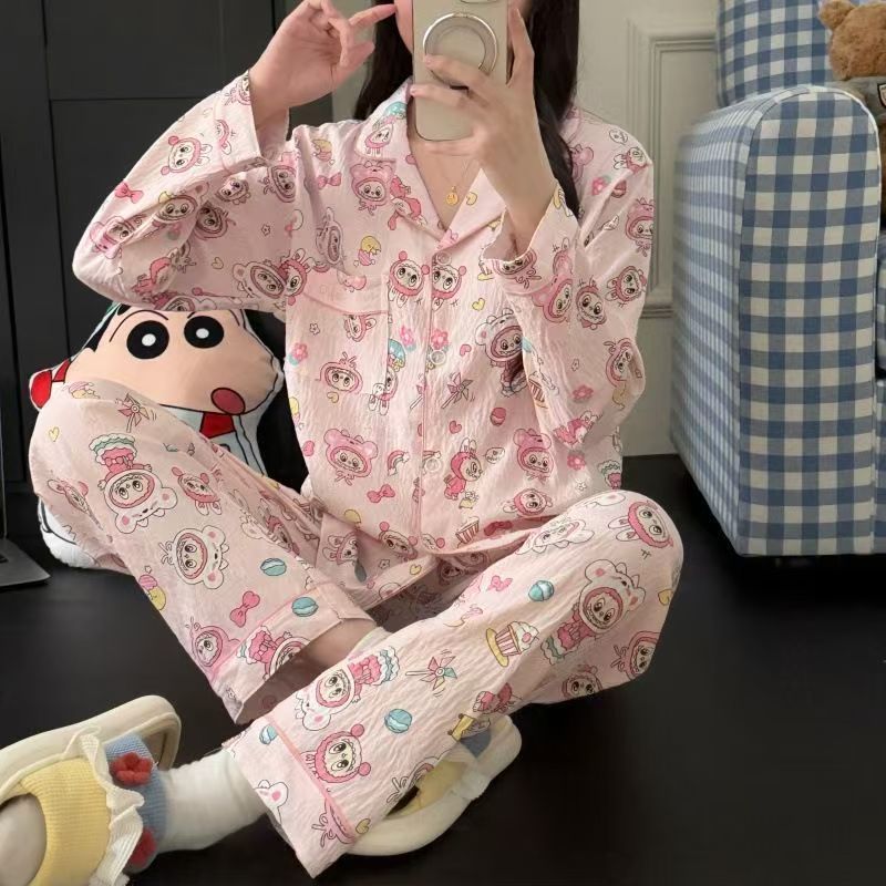 满印粉色拉布布睡衣女春秋季长袖长裤ins套装美少女可外出家居服|undefined