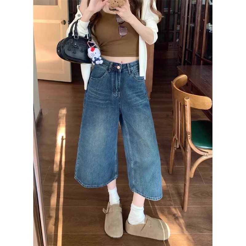American Retro Distressed Washed Denim Straight-Leg Pants for Women, Summer High-Waisted Loose Wide-Leg Cropped Shorts Trendy