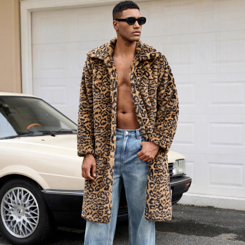 F1022 Cross-Border European and American Leopard Print Imitation Fur Men's Lapel Outwear Export Warm Outwear Men's Autumn and Winter New Style