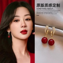 杨紫同款珍珠耳环女2025新款爆款高级感气质耳坠耳钉红色喜庆耳饰