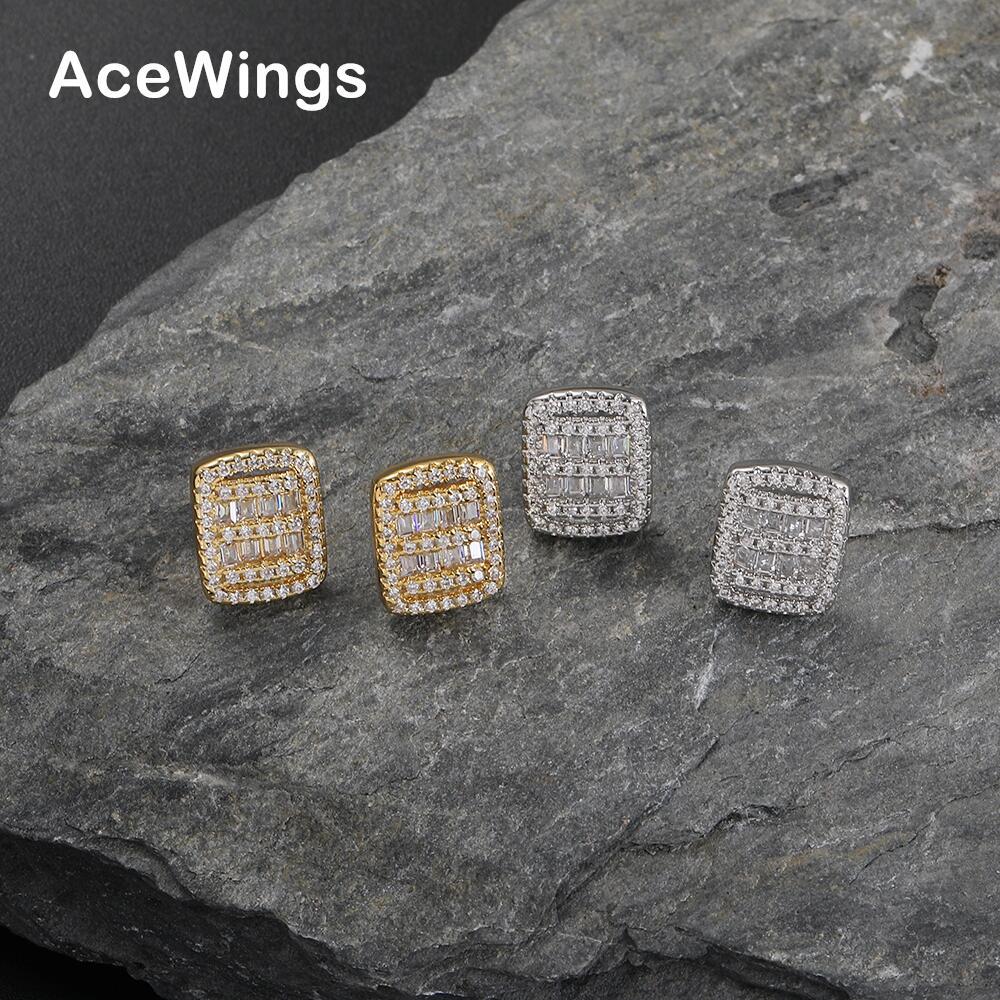 European and American Hip-Hop Earrings, Rectangular Copper-Set Zircon Earrings, Full of Zirconium Trendy Men's Personalized Earrings, Cross-Border Hot Style