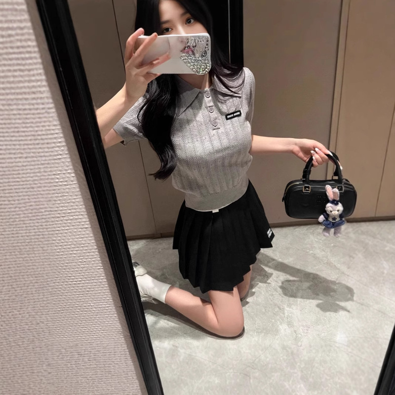 in stock new color) mm25 summer new temperament Joker lapel light knitted short sleeve letter logo embellishment