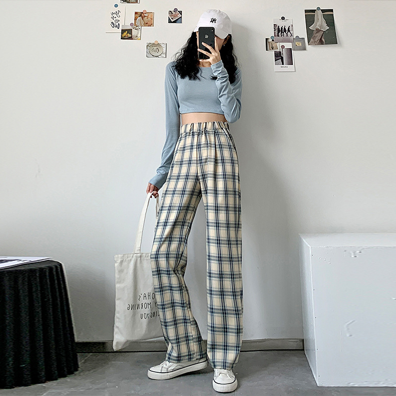 Plaid pants female loose straight spring and autumn 2021 new thin pendant casual grille mopping wide leg pants H624
