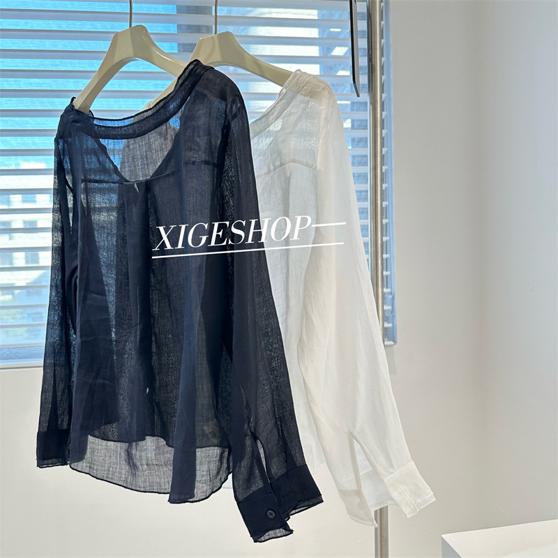 Design Sense Double-Layer V-Neck Linen Shirt Women's Summer Simple High Ji Slimming Micro-Transparent Thin Long-Sleeved Sunscreen Shirt Design Sense Double-Layer V-Neck Linen Shirt Women's Summer Simple High Ji Slimming Micro-Transparent Thin Long-Sleeved Sunscreen Shirt