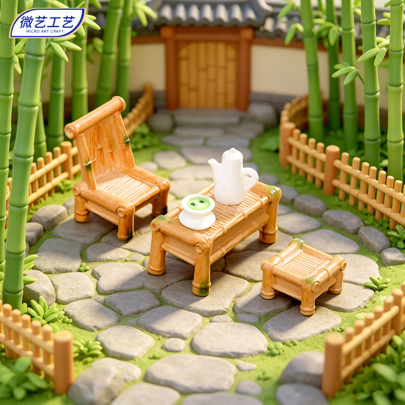 Miniature Simulated Bamboo Furniture Ornaments, Bamboo Chairs, Bamboo Stools, Bamboo Tables, Micro-Landscape Decoration, Dollhouse Accessories Wholesale