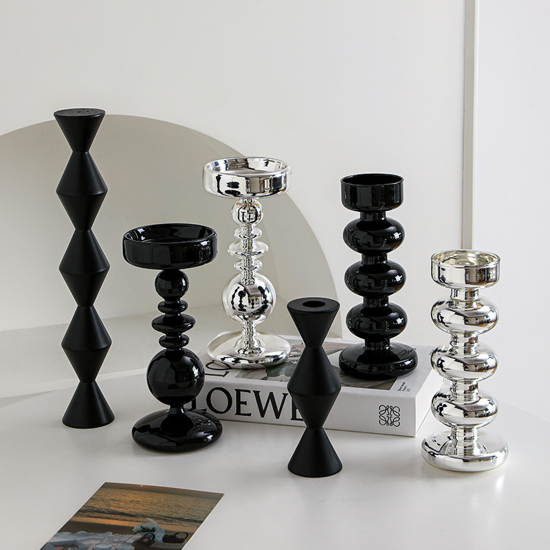 Candlestick Ornaments Exquisite Crafts Photography Props Atmosphere Black Nordic Light Luxury Glass Candle Home Romantic