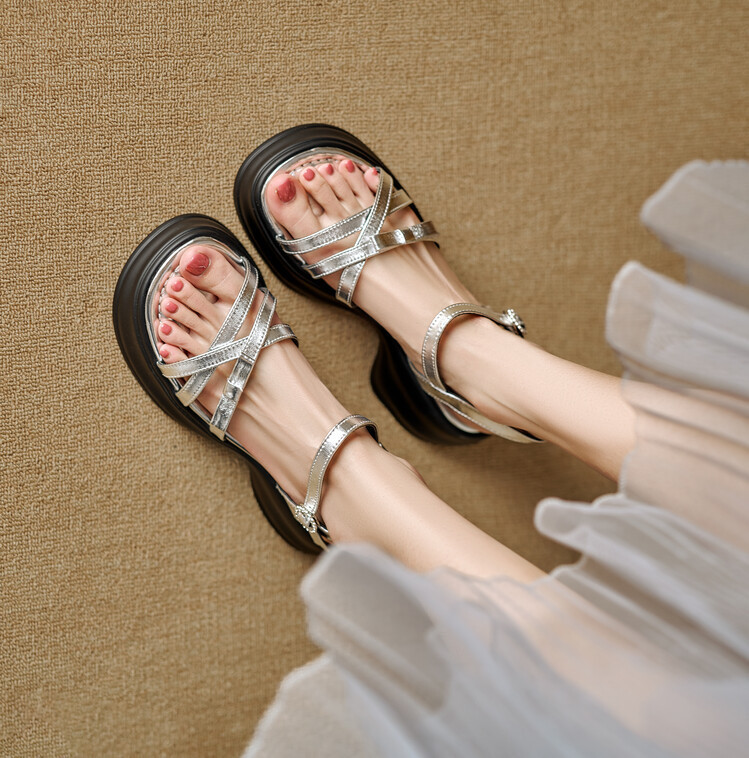 Dép sandal nữ đế bánh xốp dày mùa hè, da cừu nơ đi biển — Xanh lam Sương Khói, Màu bạc chi tiết 14