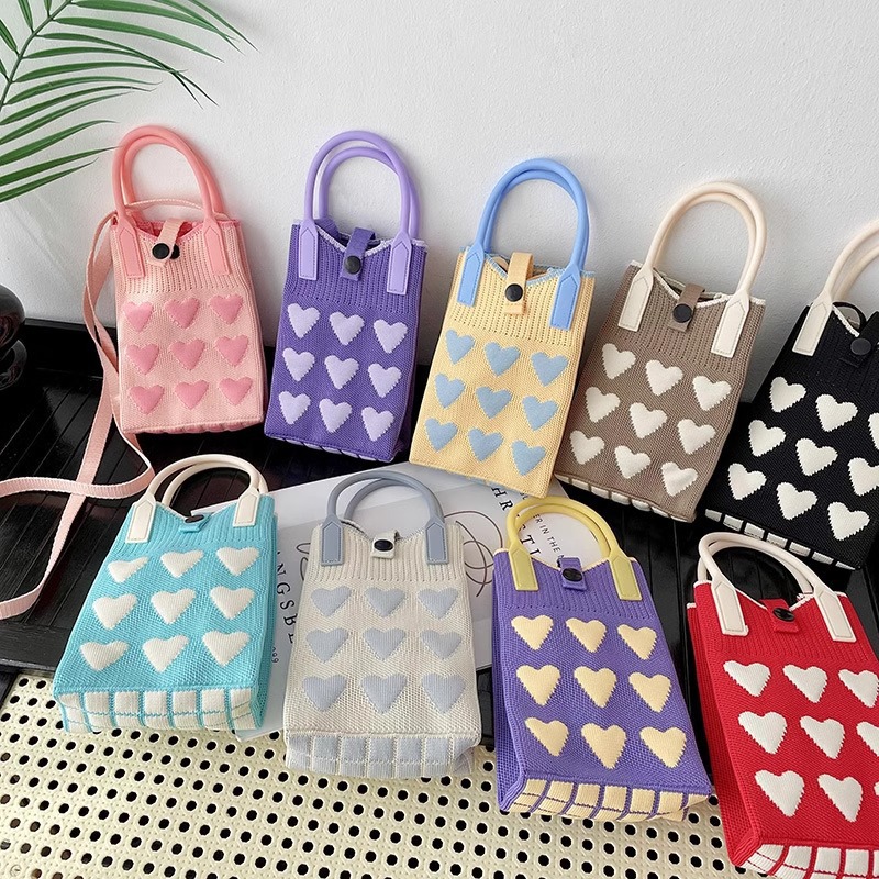 Heartphone Bag for Women, Korean Version, Knitted Sweet Shoulder Bag, Crossbody Bag, Versatile Student Small Wallet, Organizer Crossbody