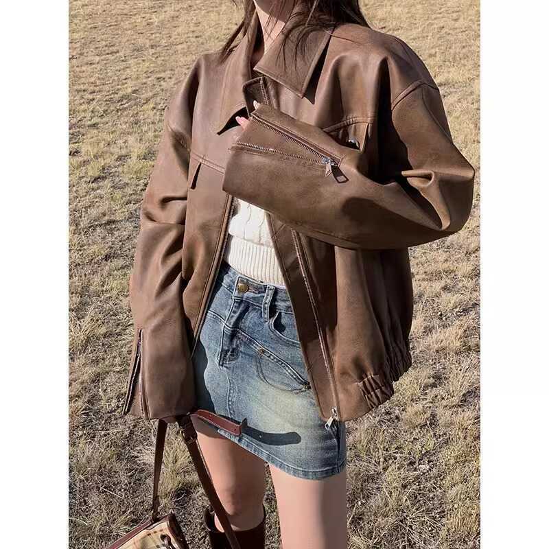 棕色皮衣外套女2025秋冬新款美拉德美式复古pu皮小个子机车服上衣|undefined